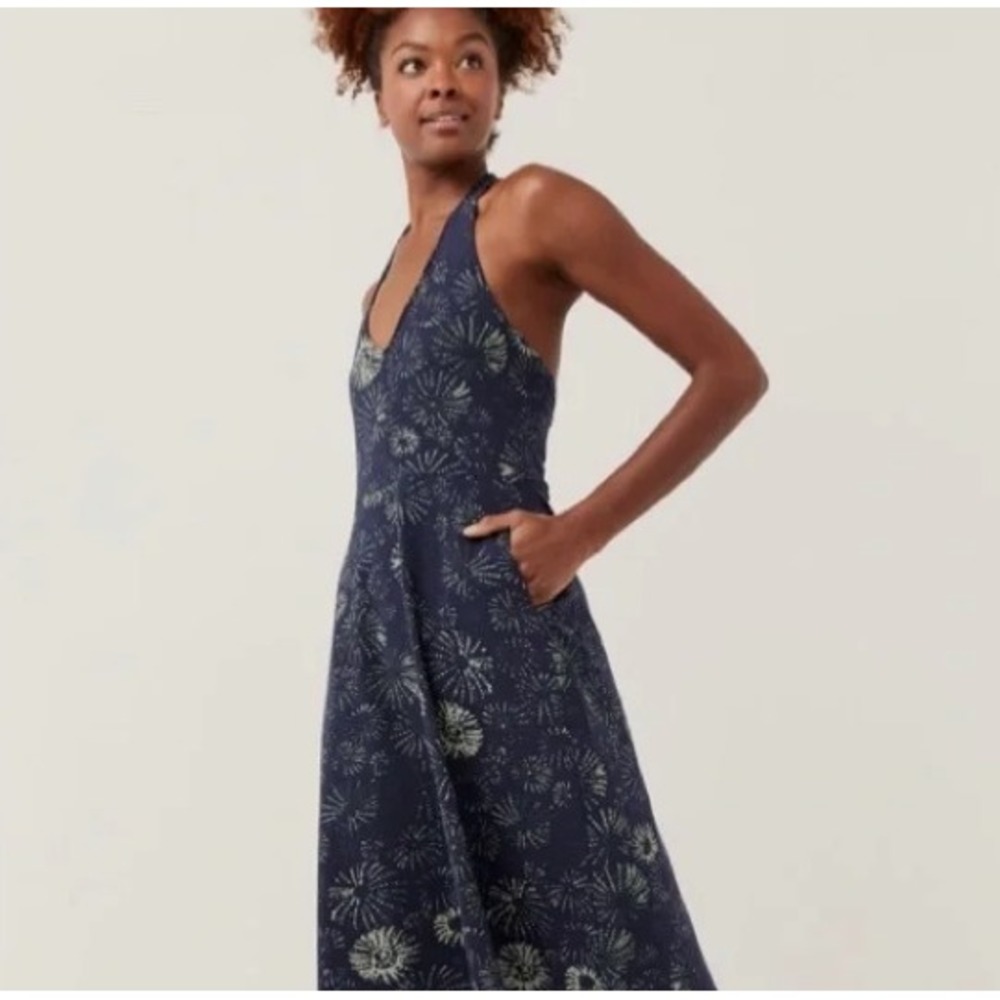 NWOT Pact Organic Cotton Halter Dress Navy Blue Green Fireworks Women's Size S